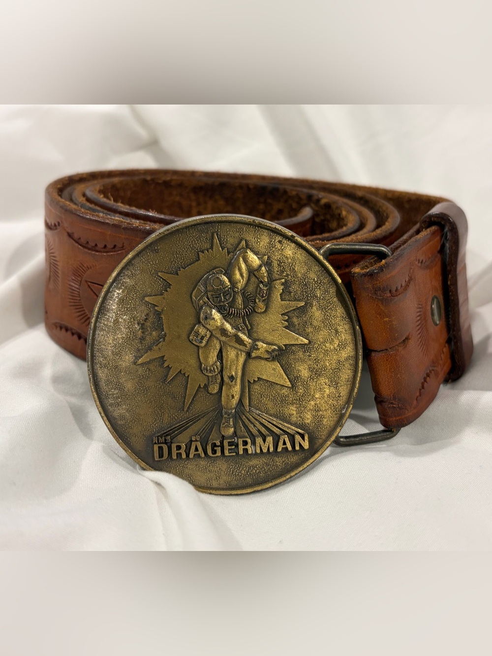 Vintage National Mine Service Co. Dragerman Brass Belt Buckle ~ Tooled Leather